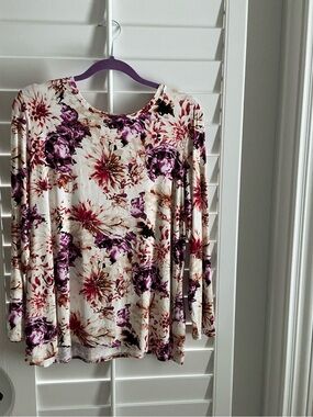 Chico's Cream Long-Sleeve Floral Tee with Purple Blooms